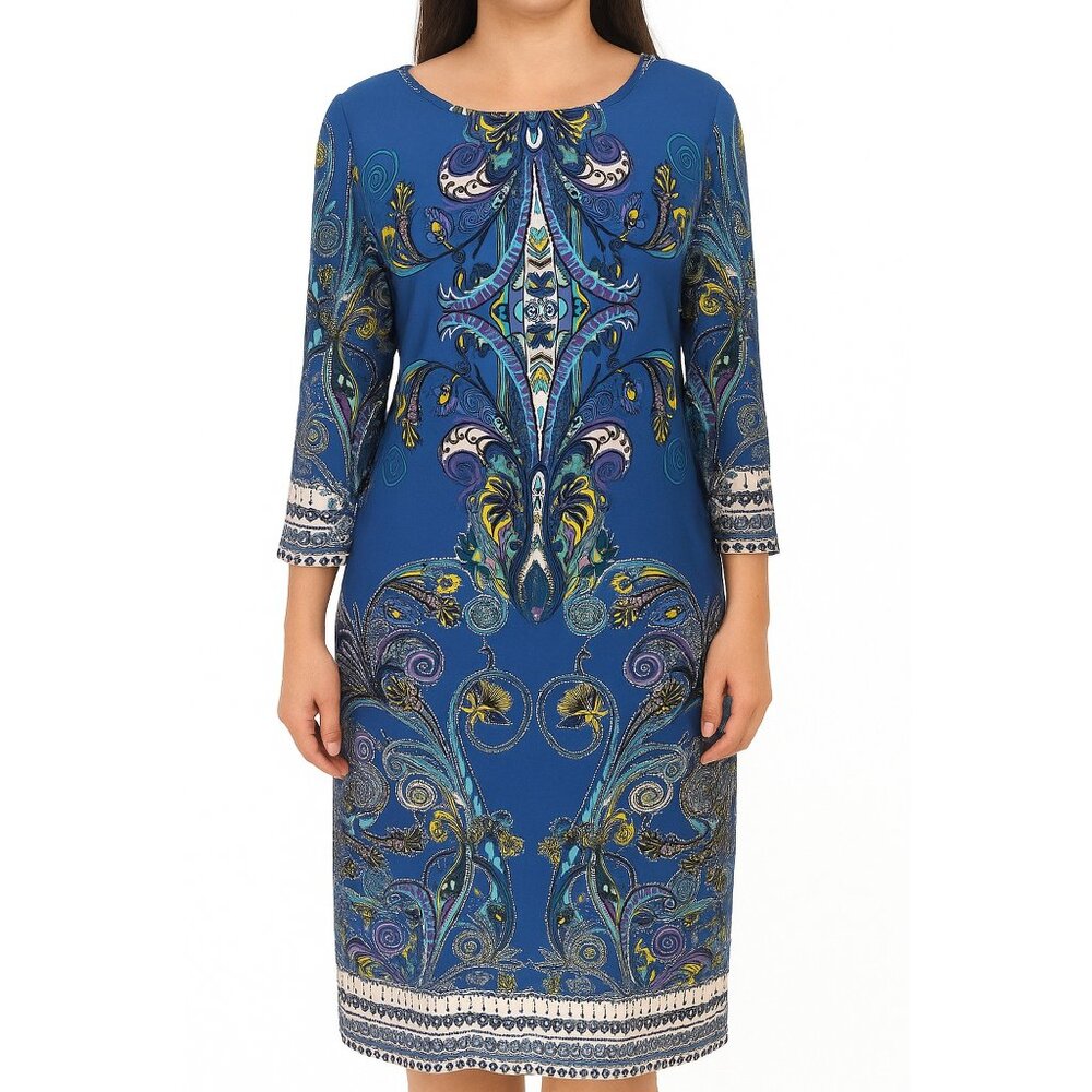 Tiana B. Blue Ornate Paisley Shift Dress Long Sleeve Stretch Baroque Midi XL